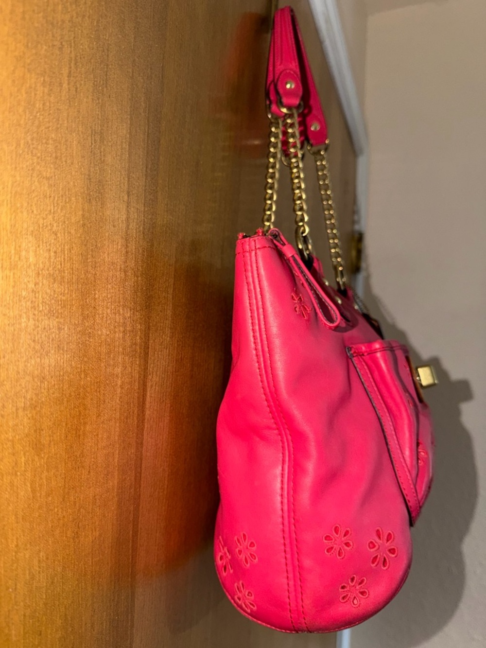 Coach Pink Leather Floral Perforated Chain Shoulder Bag Turnlock - Style 23842 - Picture 14 of 16